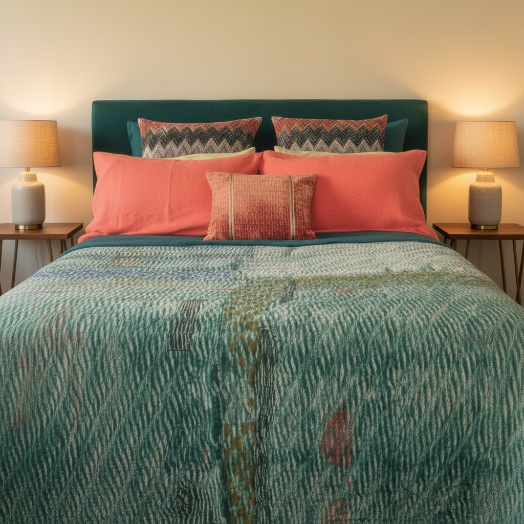 Teal wavy stripe kantha quilt - deep teal headboard with mid-century bedside tables and lamps