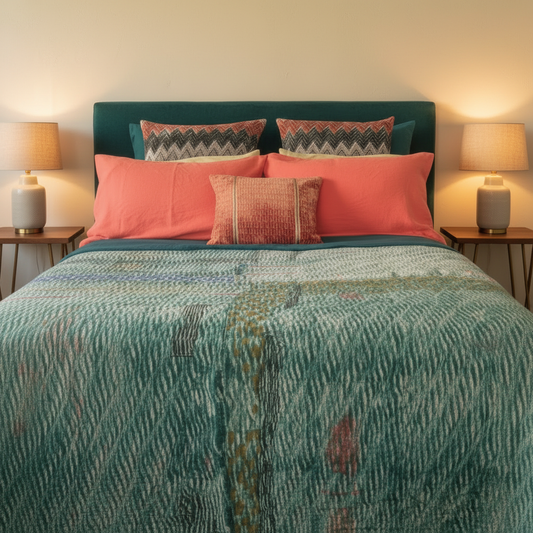 Teal wavy stripe kantha quilt - deep teal headboard with mid-century bedside tables and lamps