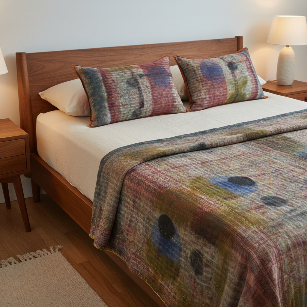 Kantha quilt with mustard yellow backing and two terracotta-flanged cushions on a mid-century walnut bed