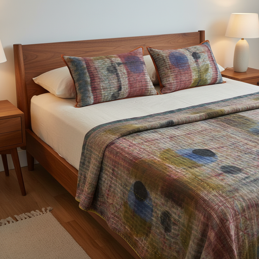 Kantha quilt with mustard yellow backing and two terracotta-flanged cushions on a mid-century walnut bed