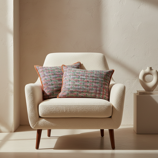 Jaipur Stamen Carnelian cushion pair styled on luxury neutral bouclé armchair