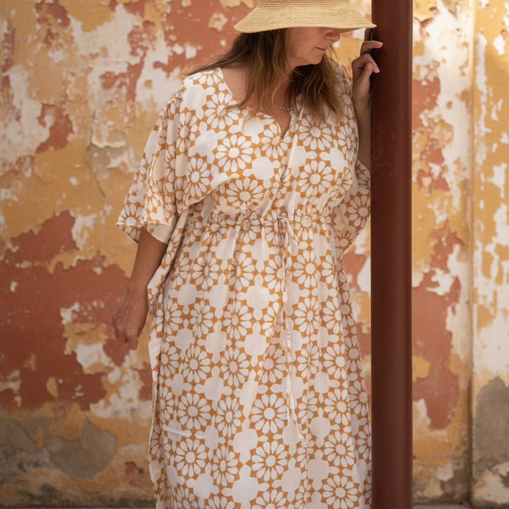 Kaftan with floral pattern against weathered terracotta and mustard ruins