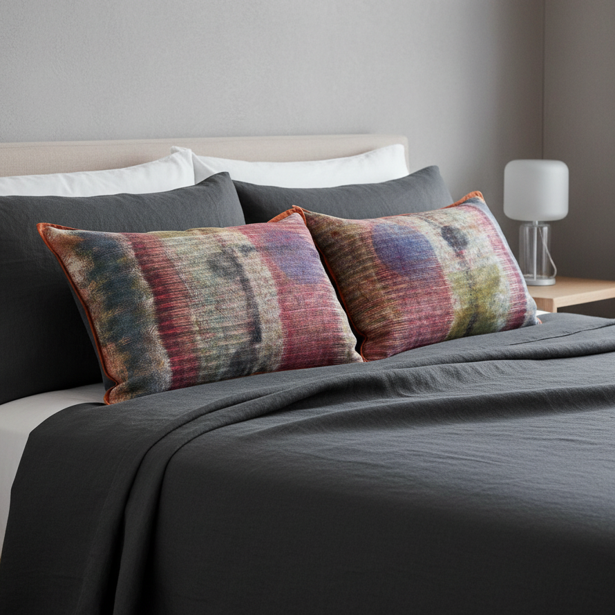 Luxury charcoal linen bed setting with artisan cushions