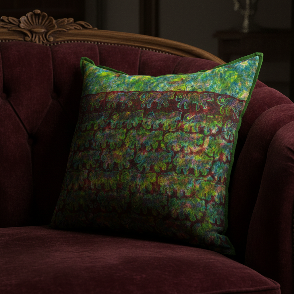 Slouchy elephant cushion in moody Victorian maroon velvet setting