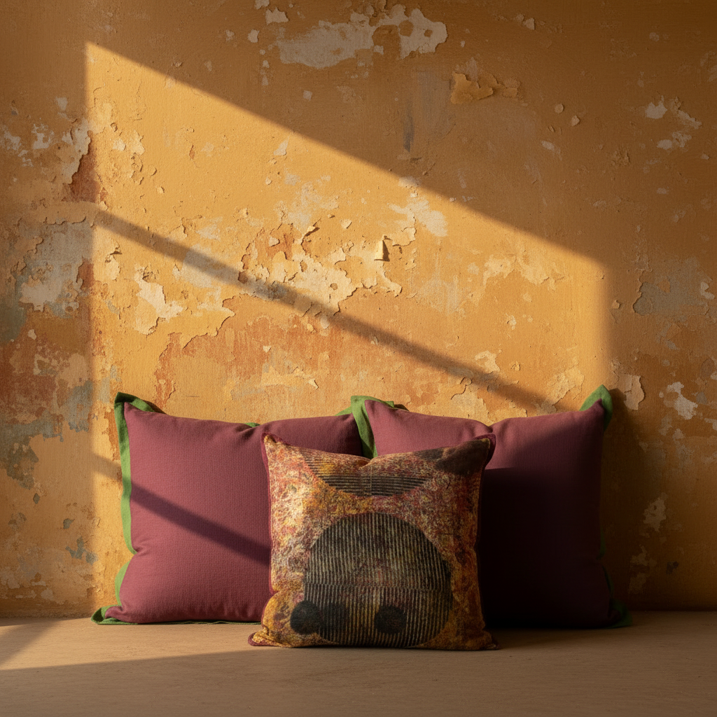 Damson euro cushions with moss green flange and underprint cushion in open haveli setting with aged ochre walls and dramatic golden light