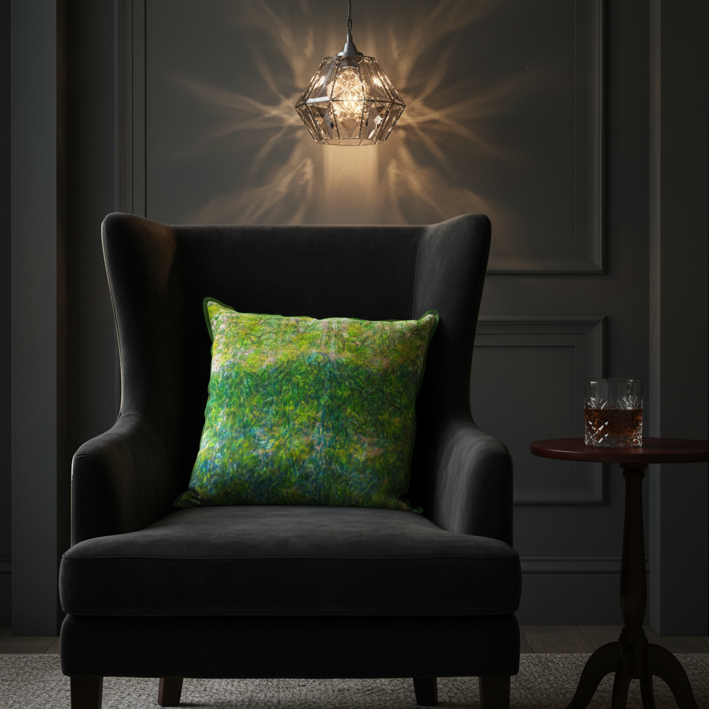 Vibrant green floral cushion on black velvet chair with cut glass pendant light and whisky