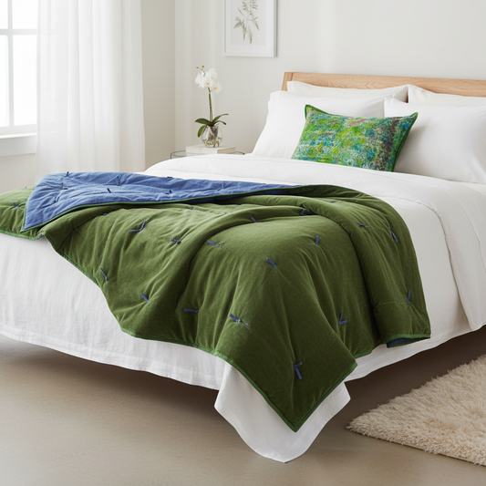 Fresh luxury bedroom with moss velvet quilt