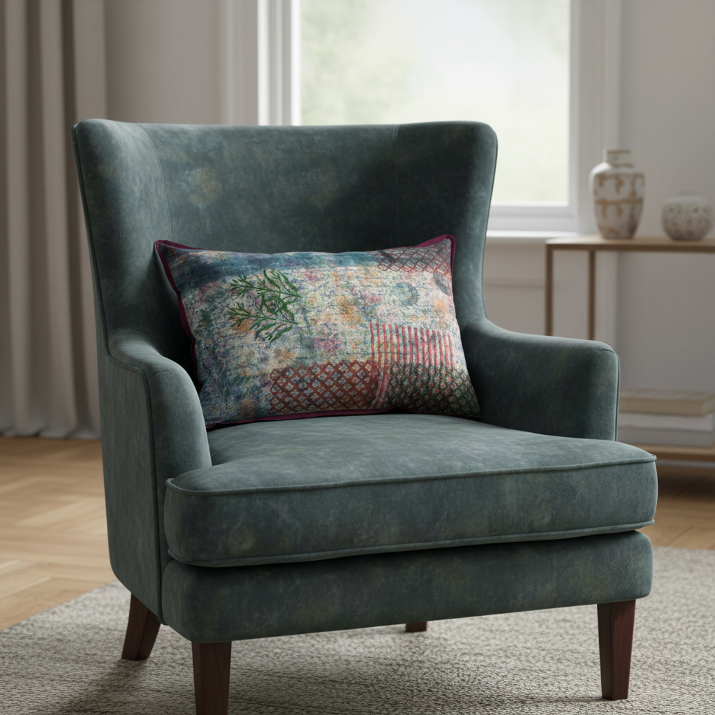 Luxury cushion with botanical impressionistic pattern on elegant chair
