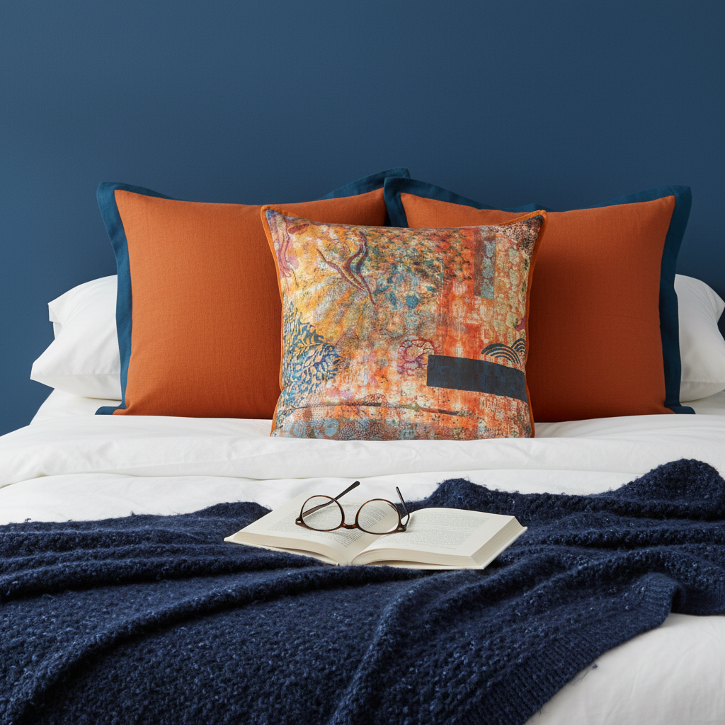Luxury bed setting with abstract cushions and deep blue wooly throw