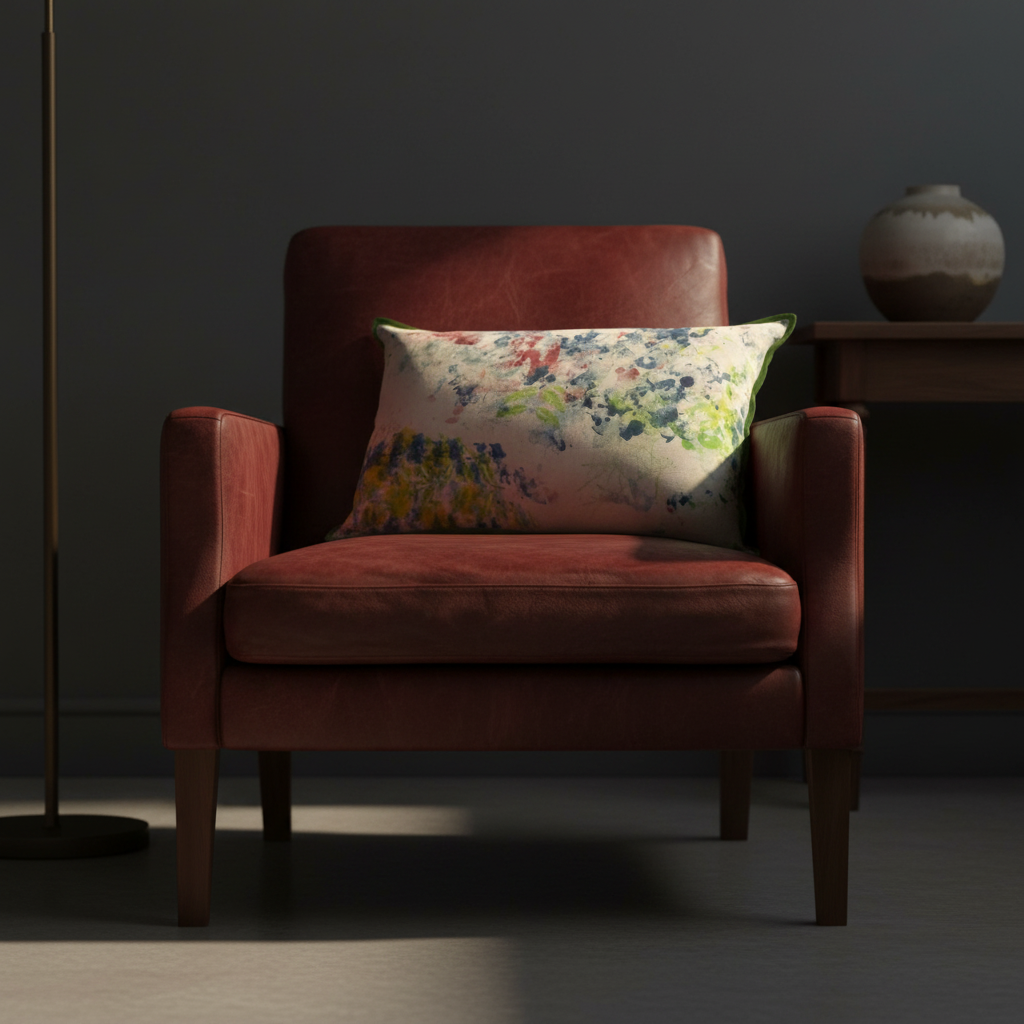 Painterly Daze cushion cover feather filled and slouchy on a deep oxblood red leather armchair, moody editorial interior