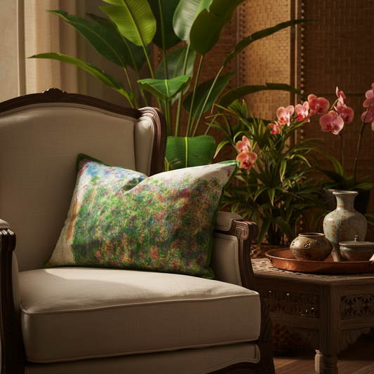 Exotic setting with Painterly in Olive cushion on elegant chair