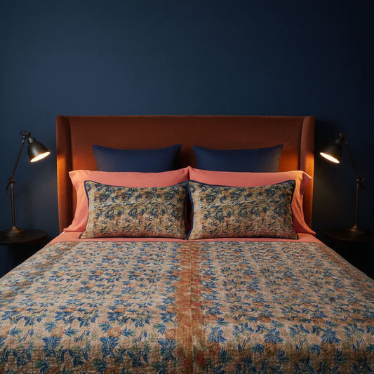 Luxury bed setting with sandy peach botanical underprint quilt, deep rust velvet headboard, navy wall, two matching botanical cushions side by side