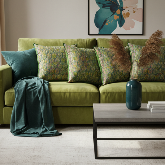 Five Meadow Mix cushions on dark lime green velvet sofa with teal accents