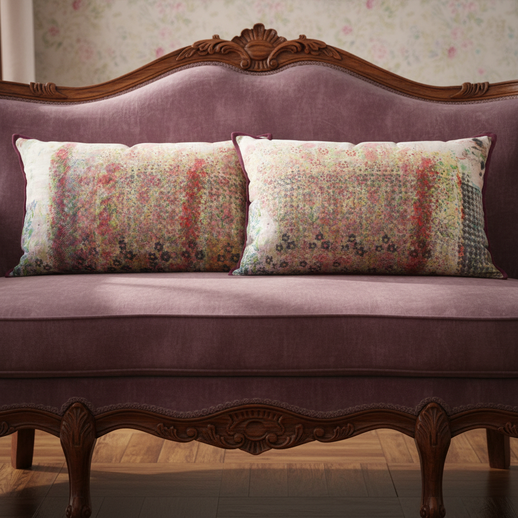 Luxury floral cushions on damson Victorian velvet sofa