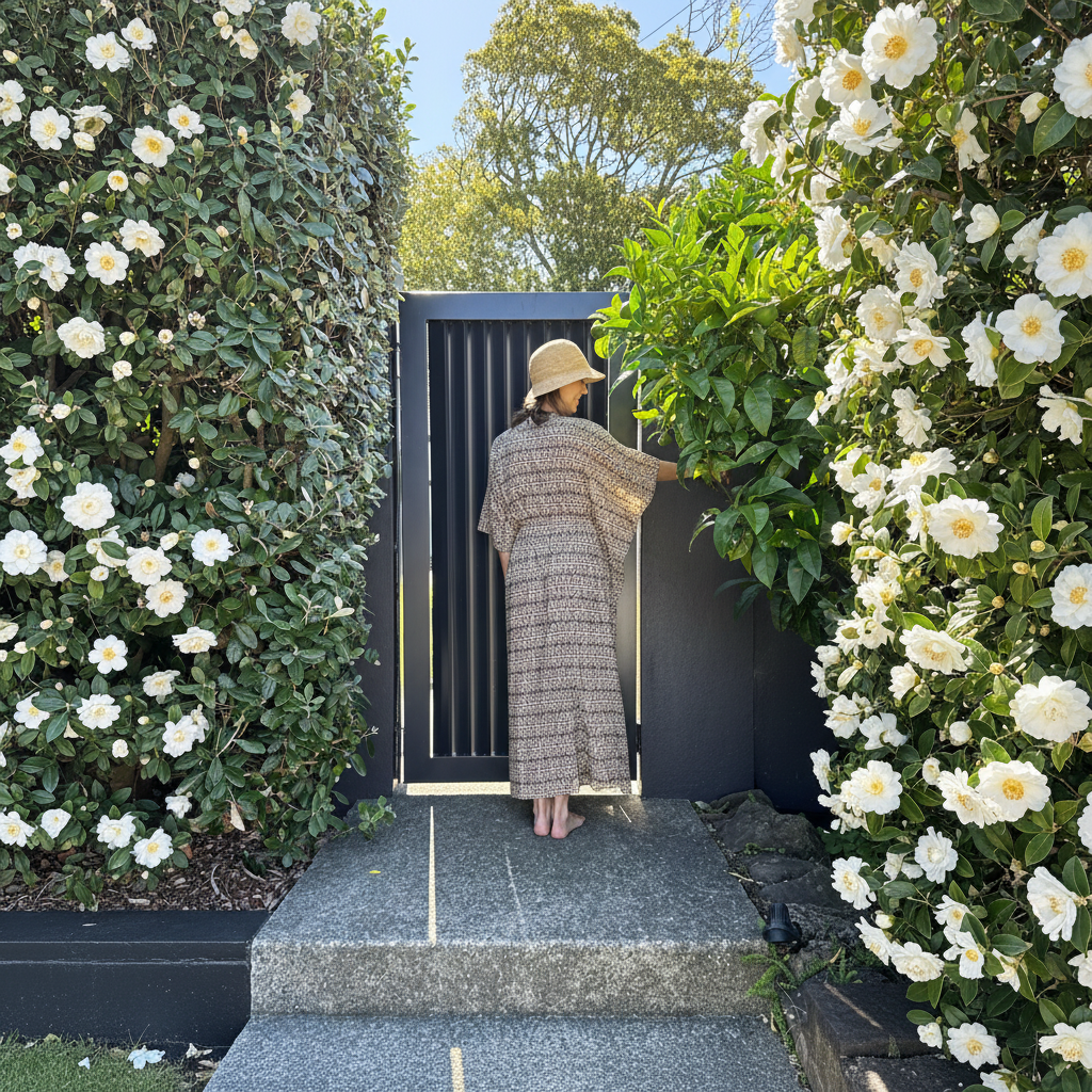 Woman in black and white kaftan at garden gate with white camellias