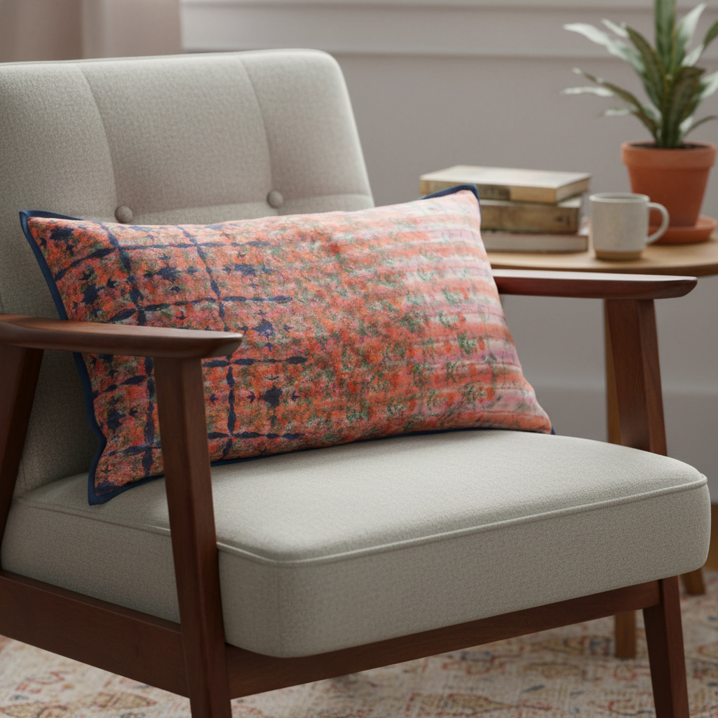 Realistic slouchy Indigo Grid Stripe cushion on mid-century chair