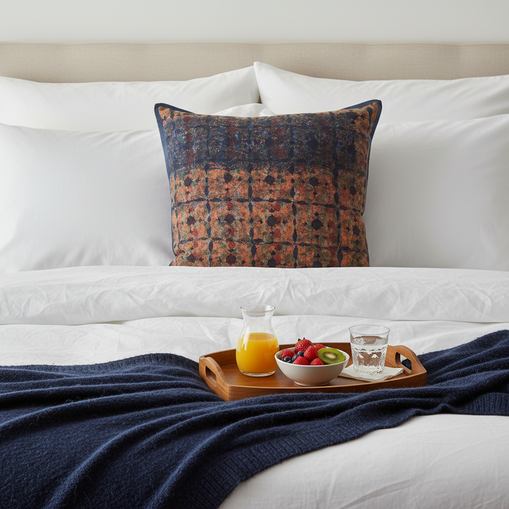 Indigo Grid Shadow cushion on white linen bed with navy mohair throw and breakfast tray