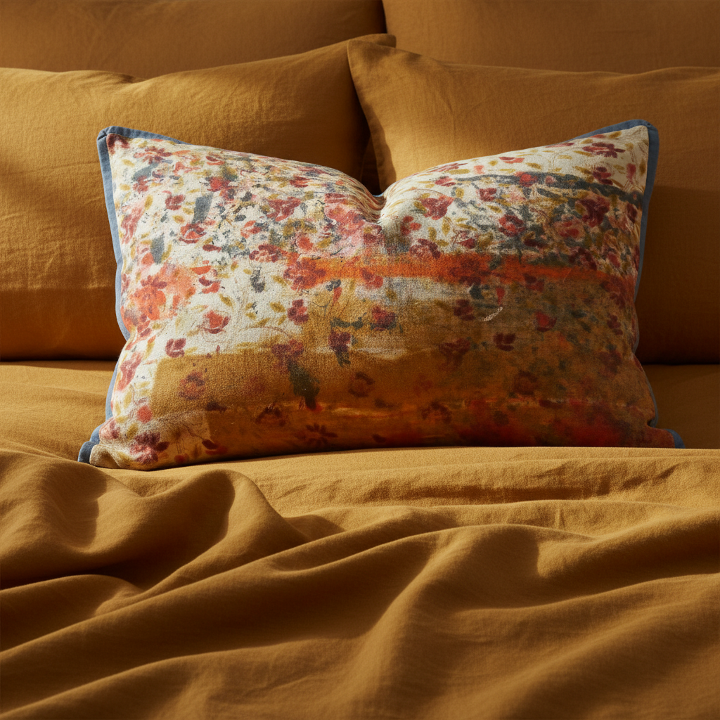 Rose and amber cushion cover on crumpled mustard linen bed - editorial close-up