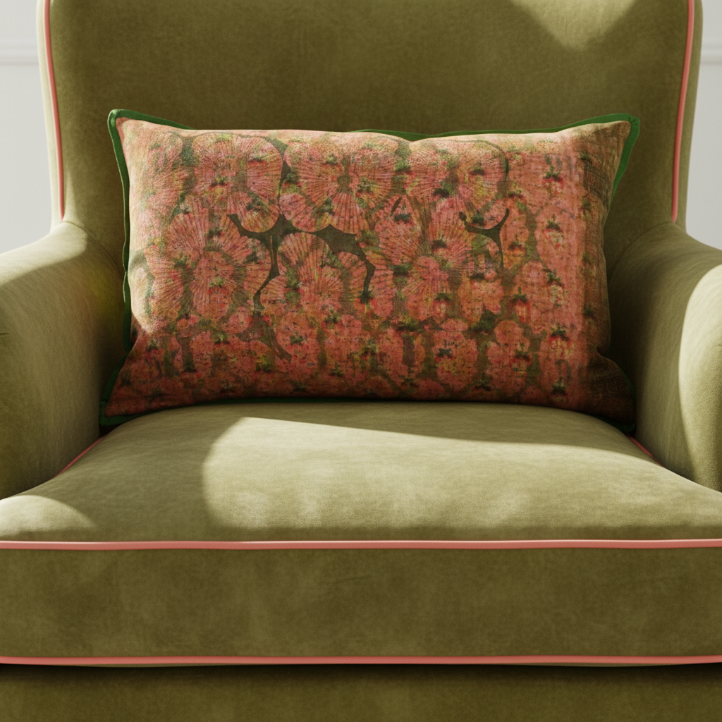 Waterlily 2 cushion on olive green velvet chair close-up