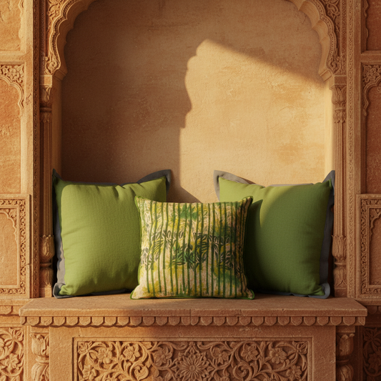 Moss green euro cushions with iris blue flange and underprint cushion styled in a haveli alcove setting