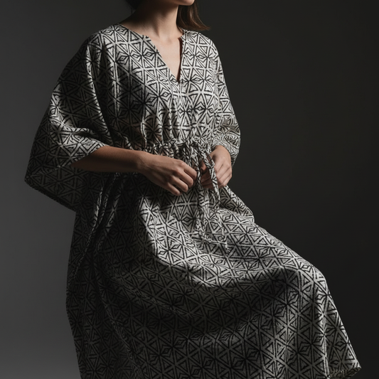 Avant-garde black and white geometric kaftan with dramatic lighting