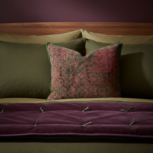 Editorial hero close-up bed setting with damson wall