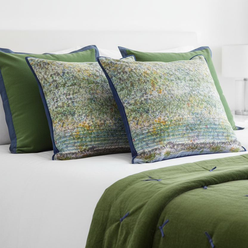 Luxury bed setting with spring garden cushions and moss green velvet throw