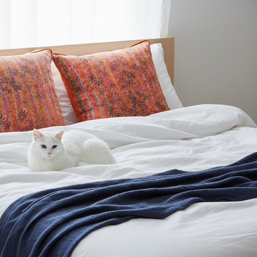Jaipur Sunset cushions on rumpled white linen bed with white cat and navy throw