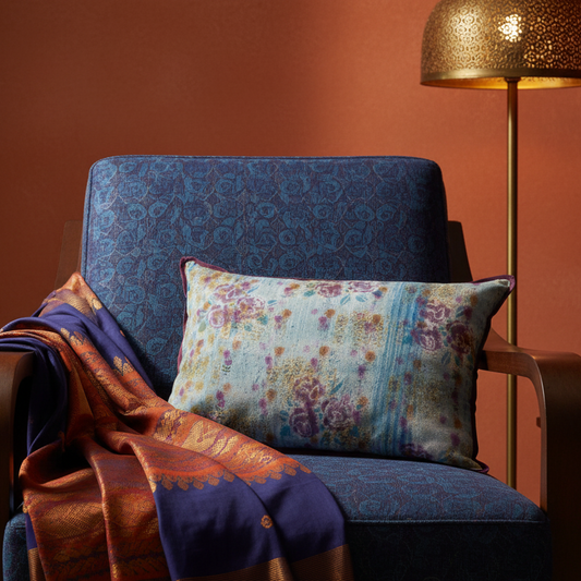 Modern Indian-inspired chair with Vintage Rose Pale Lumbar cushion