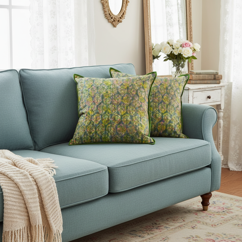 Two Meadow Starburst cushions on teal blue shabby chic sofa