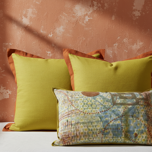 Two chartreuse euro cushions with wide burnt orange flange and underprint lumbar cushion against aged terracotta wall