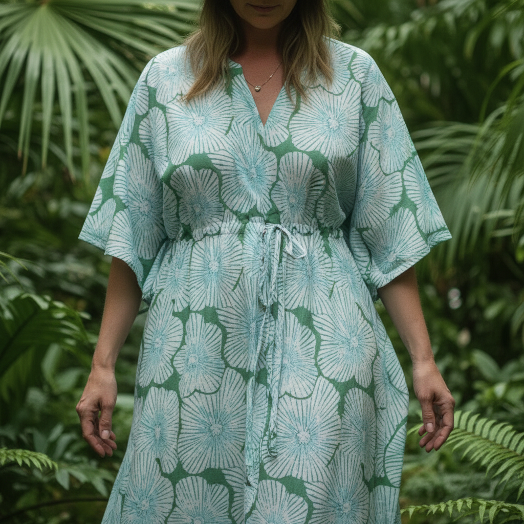 Close-up hero shot of aqua palm leaf kaftan in tropical setting