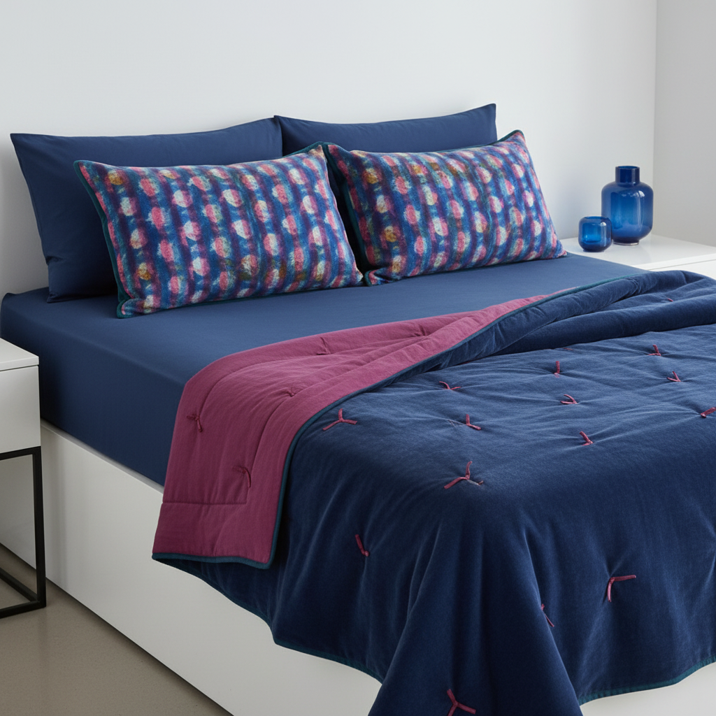 Modern luxury bed with iris blue sheet, velvet quilt with damson knots, and artisan cushions