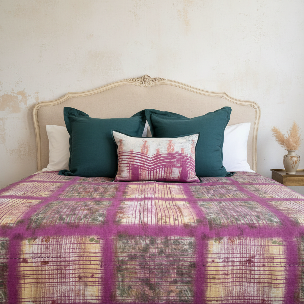 Luxe shabby chic king bed setting with magenta and cream underprint quilt, two teal euro pillowcases, single centred underprint cushion