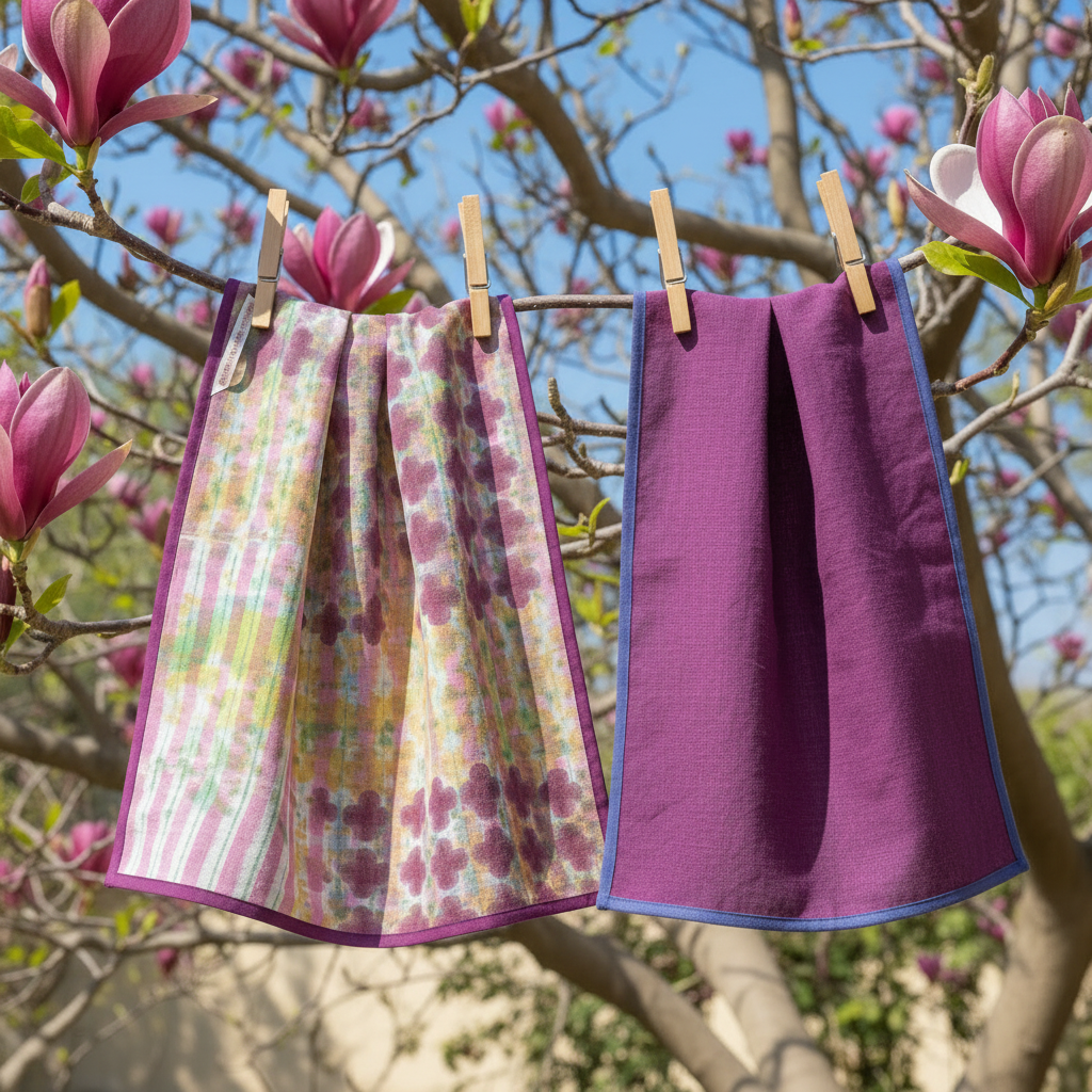 Damson underprint and plain damson kitchen towels pegged in a magnolia tree with pink blooms and blue sky