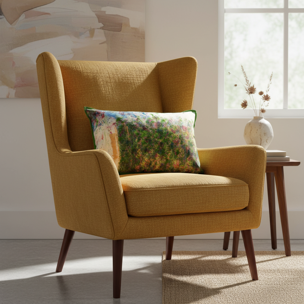 Impressionistic garden cushion on contemporary ochre linen wingback chair
