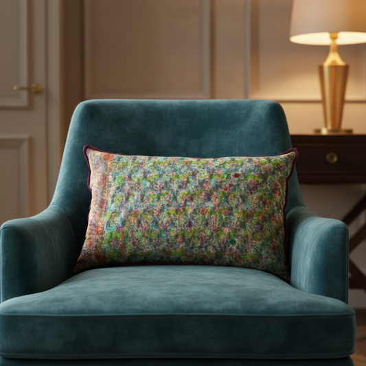 Soft feather-filled artisan cushion on luxury deep teal velvet chair