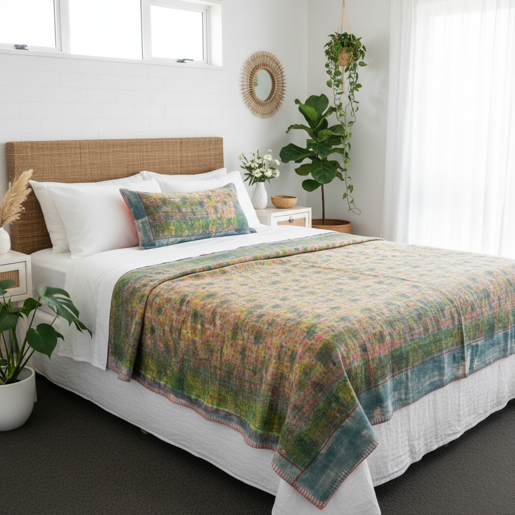 Modern shabby chic beach bedroom with vibrant lime coral lavender kantha quilt, rattan headboard, coastal plants, crisp white linen, matching fabric cushion