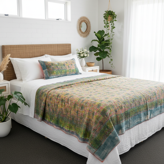 Modern shabby chic beach bedroom with vibrant lime coral lavender kantha quilt, rattan headboard, coastal plants, crisp white linen, matching fabric cushion