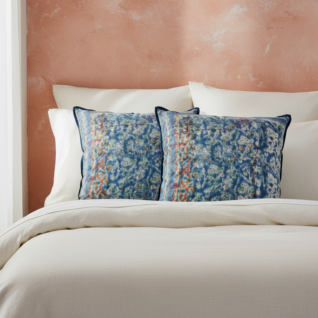 Luxury bed setting with two impressionistic cushions on off-white linen