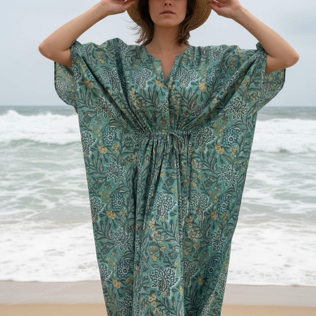 Editorial close-up of sage green paisley kaftan on windy beach with foamy waves