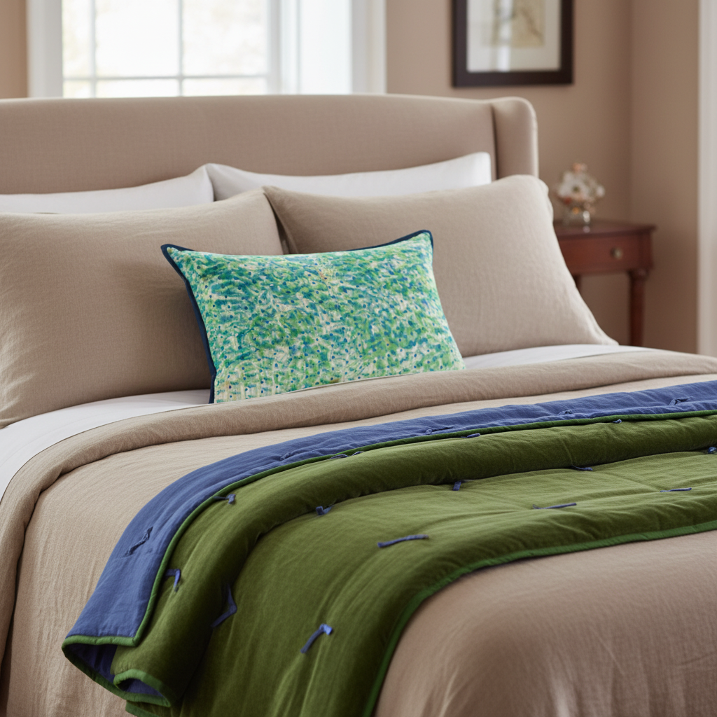 Cushion on bed with moss green velvet quilt