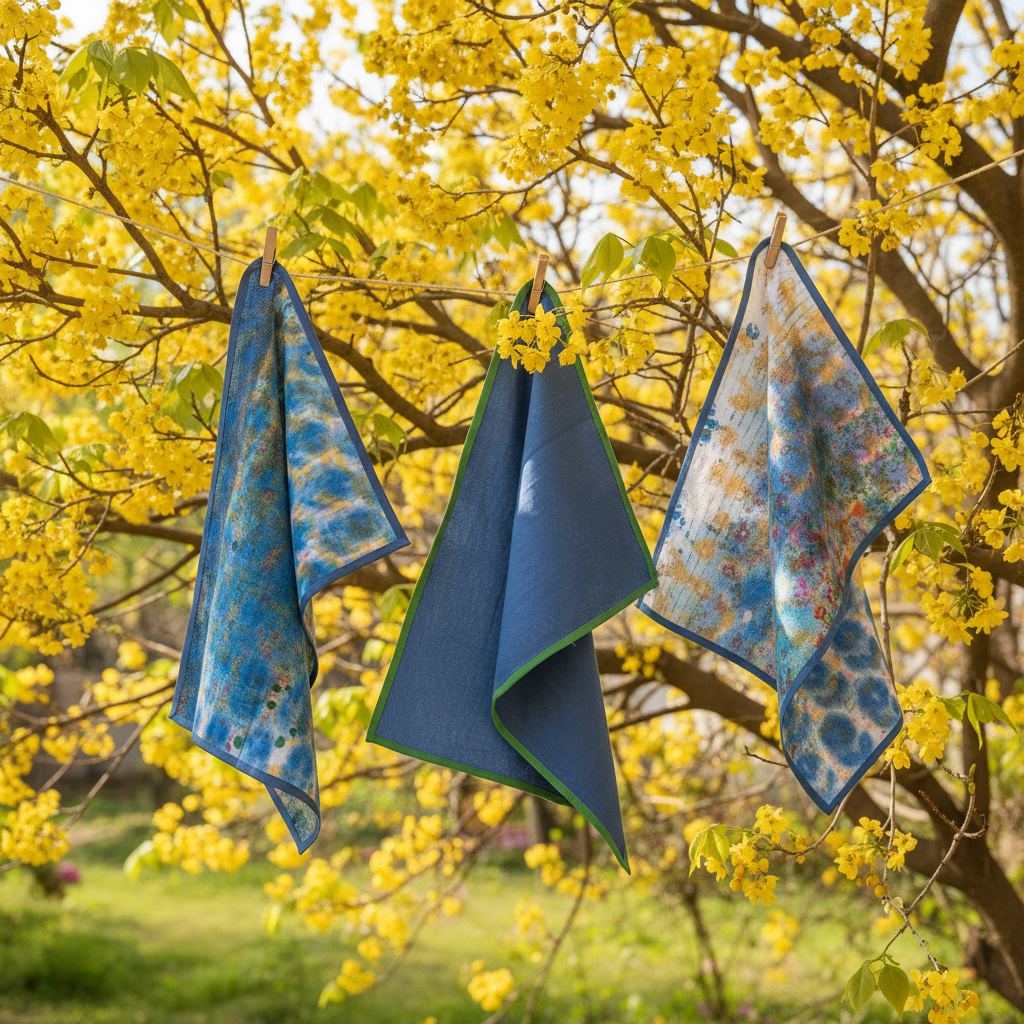 Three underprint kitchen towels hanging on a line in a golden blossom tree on a spring day