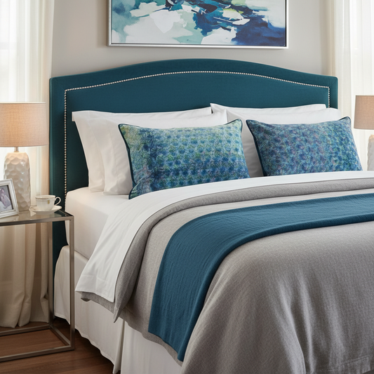 Luxury bed setting with blue-teal artisan cushions