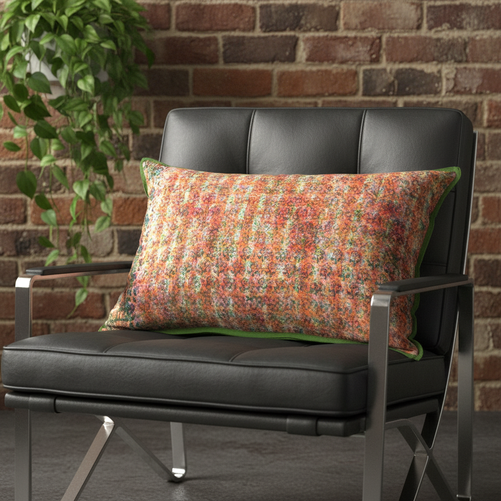 Tangerine cushion on angled black Bauhaus chair against exposed brick wall with plants
