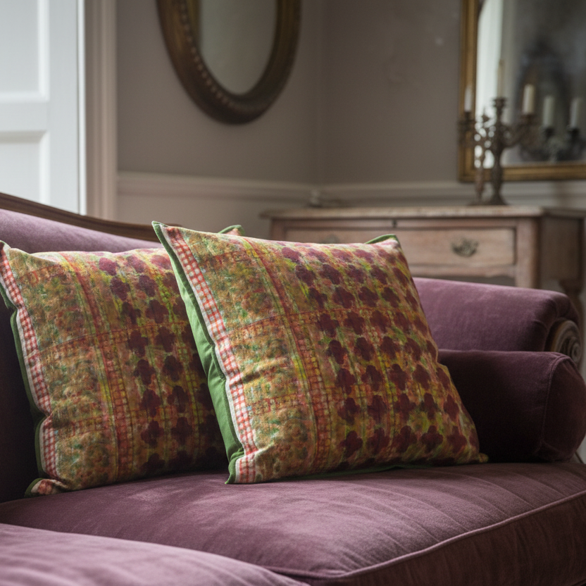 Lattice Band cushions styled on damson plum shabby chic sofa