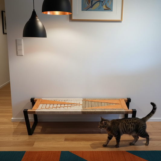 Handwoven bench seat in villa hallway with cat and copper pendant lights
