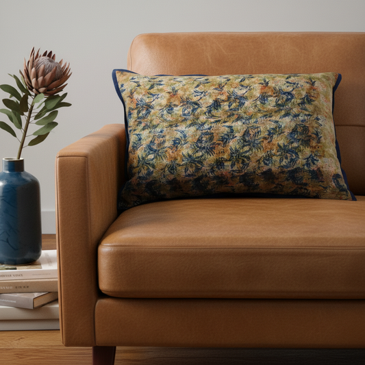 Copper Rain cushion - dramatic editorial hero close-up angled on tan leather sofa