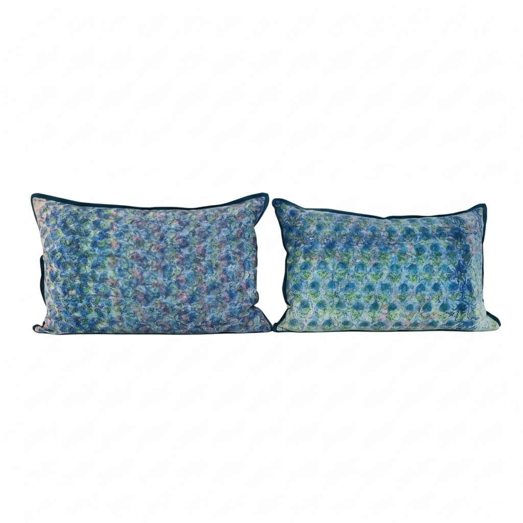 Clean cut pair of blue-teal artisan cushions