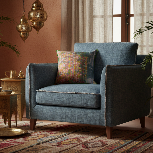 Ombre Panel cushion on raw denim blue linen chair